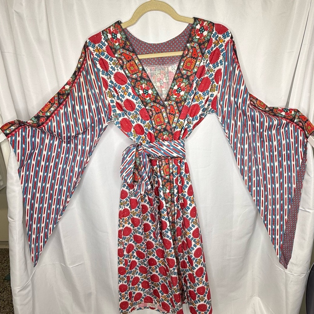 Vibrant Floral Kimono Sleeve Midi Cotton Dress, D’Ascoli Italian boho cover-up